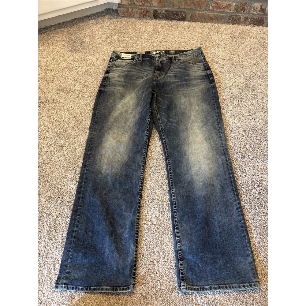 NEW BKE Tyler Jeans Mens 38R Straight Blue Denim Buckle Distressed Stitch 38x32